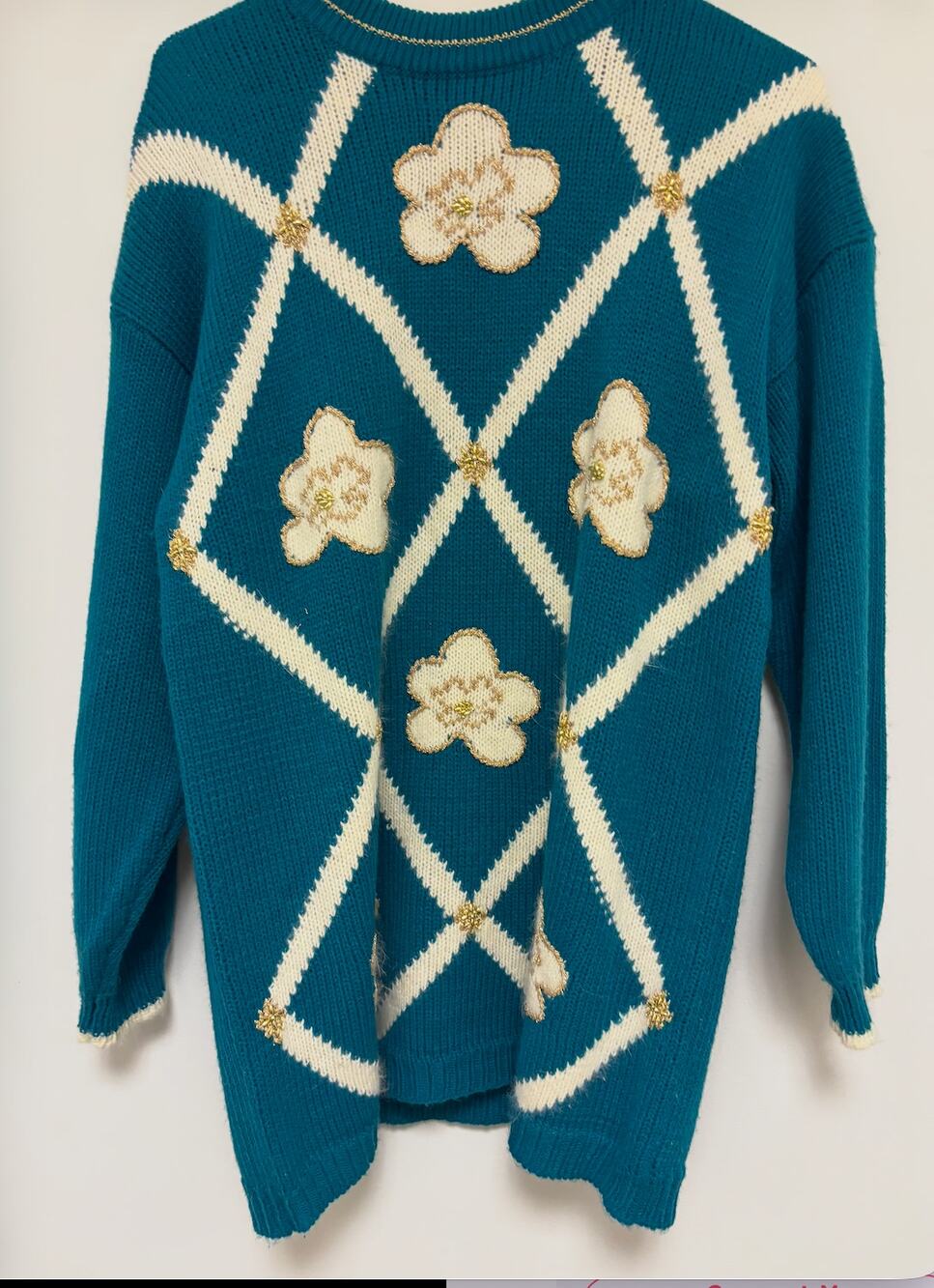 Vintage Dana Scott Sweater L Teal Floral Applique Gold 80s 90s Shoulder Pads